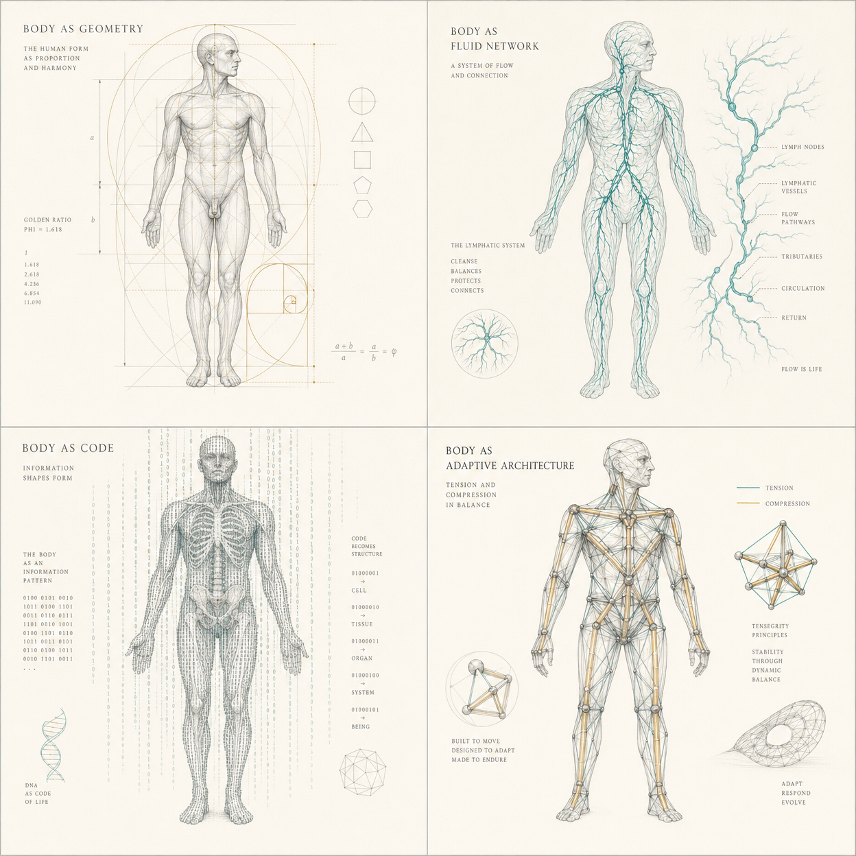 Four perspectives: Body as Geometry, Fluid Network, Code, and Adaptive Architecture