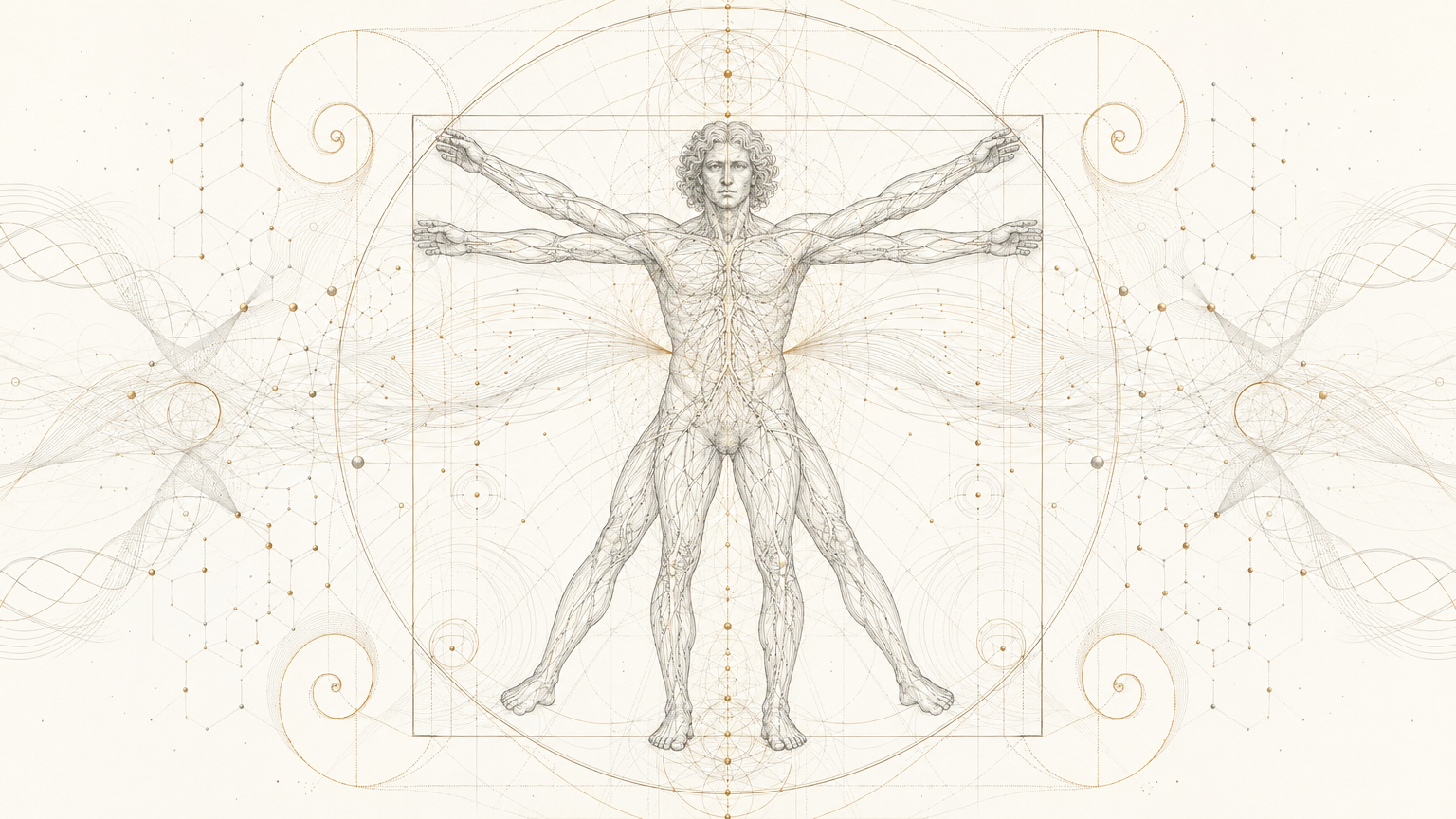 Vitruvian figure dissolving into sacred geometry